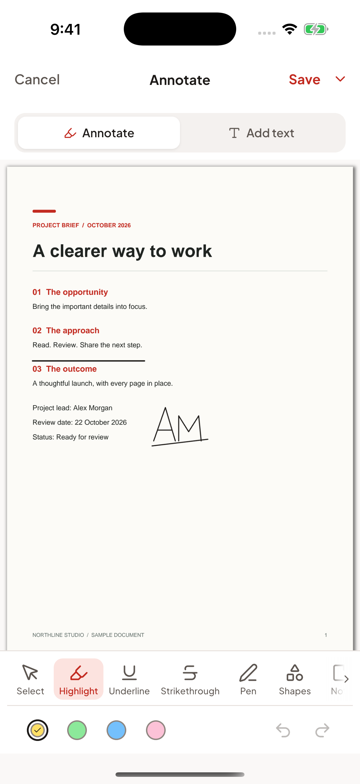 PDF Expert annotation screen with highlight, underline, pen and shape tools.
