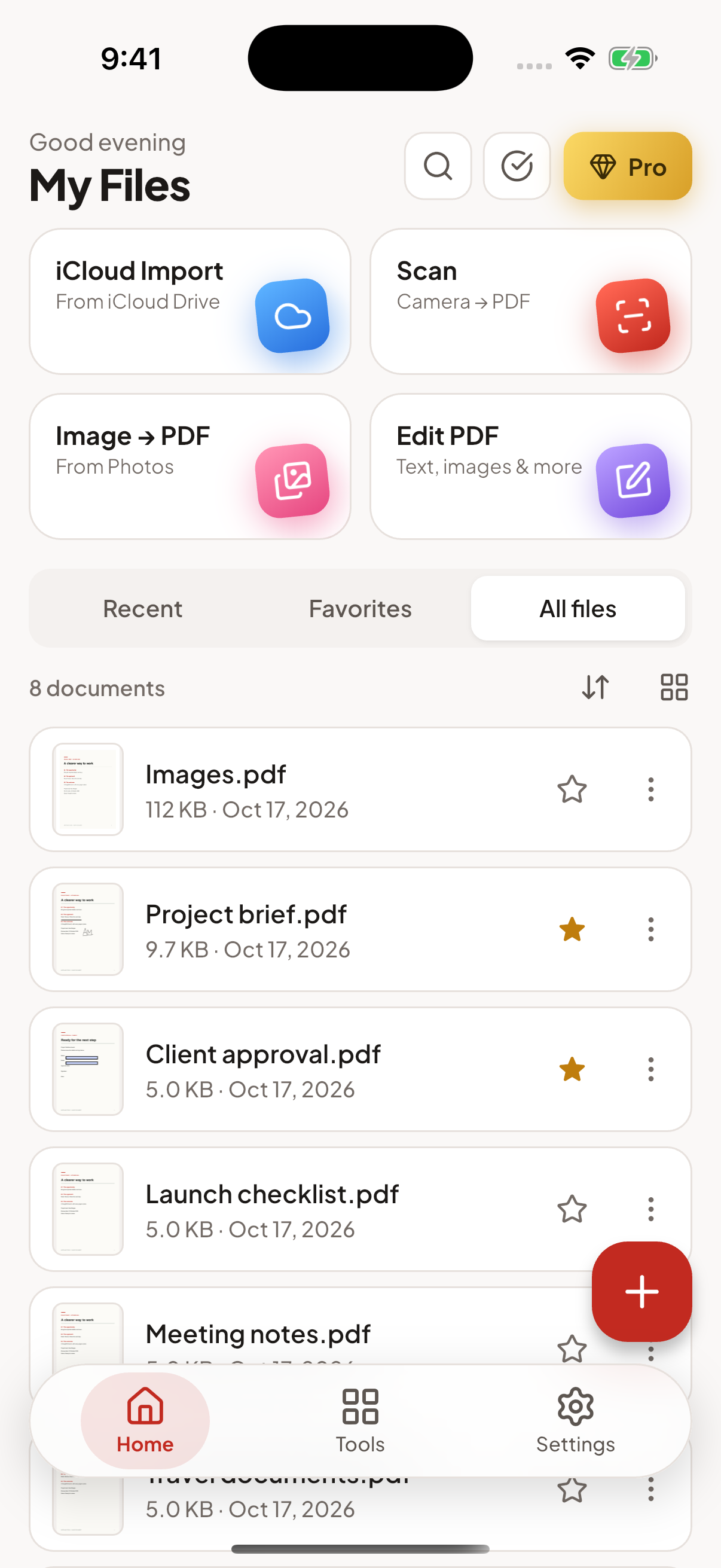 PDF Expert file library showing cloud import, scan and document tools.