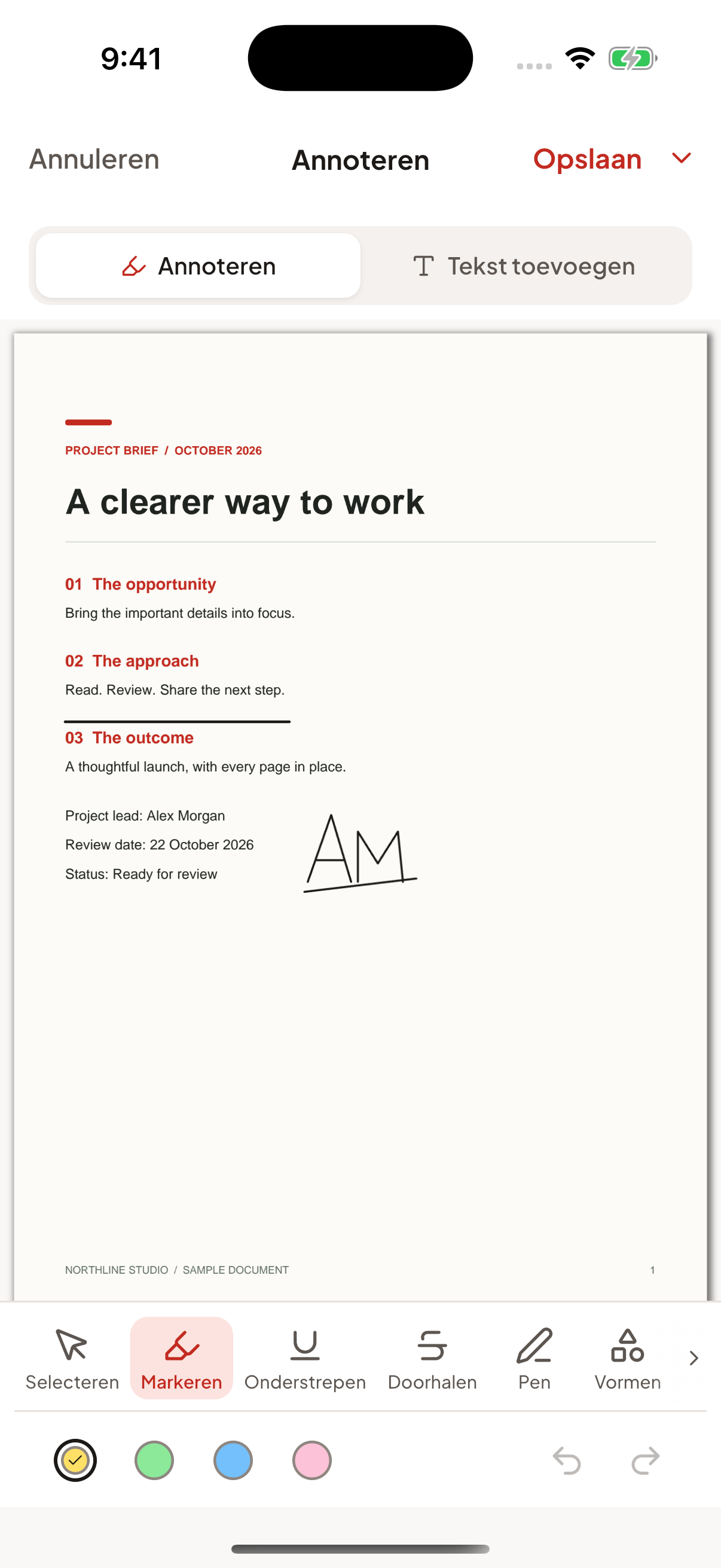 Annotatiescherm van PDF Expert met markeren, onderstrepen, pen en vormen.