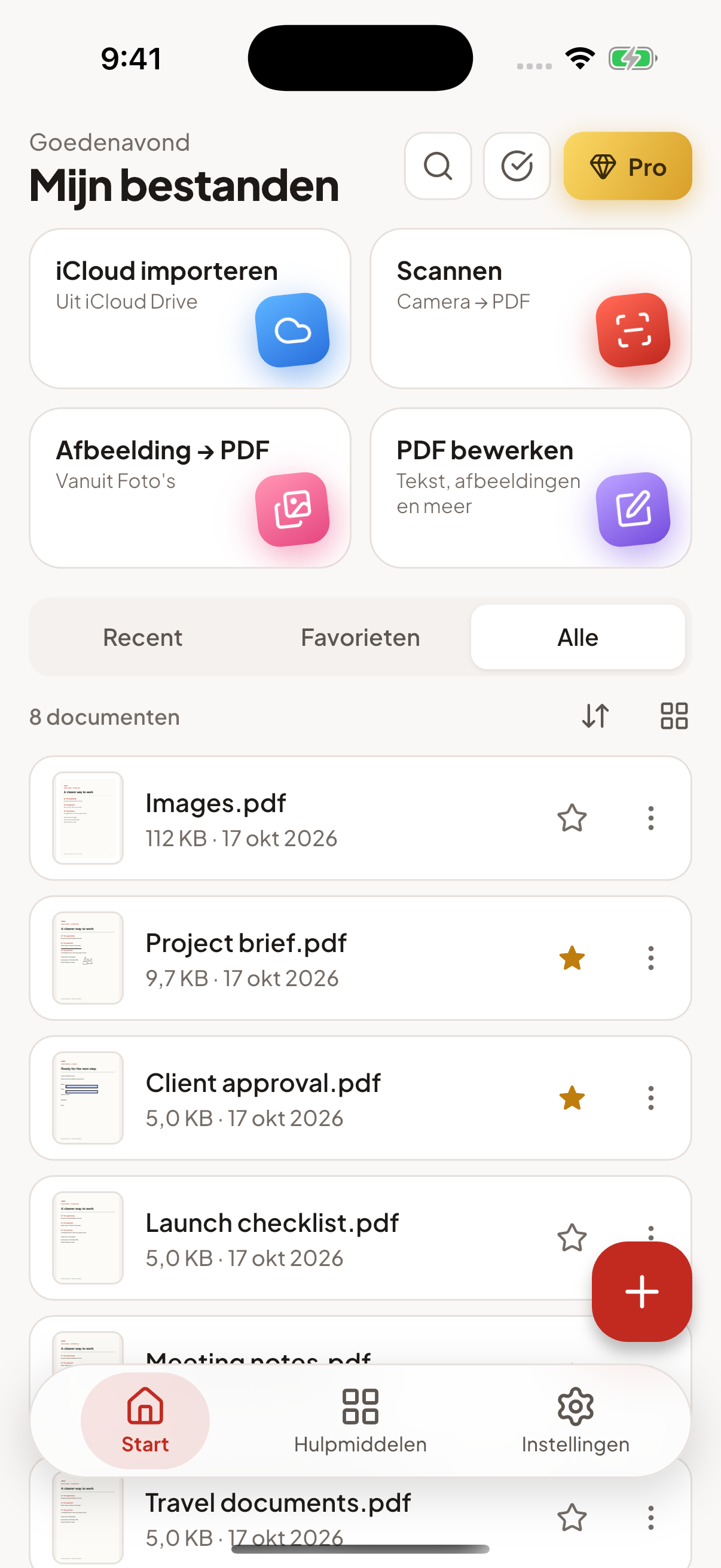 Bestandsbibliotheek van PDF Expert met cloudimport, scanner en documenthulpmiddelen.