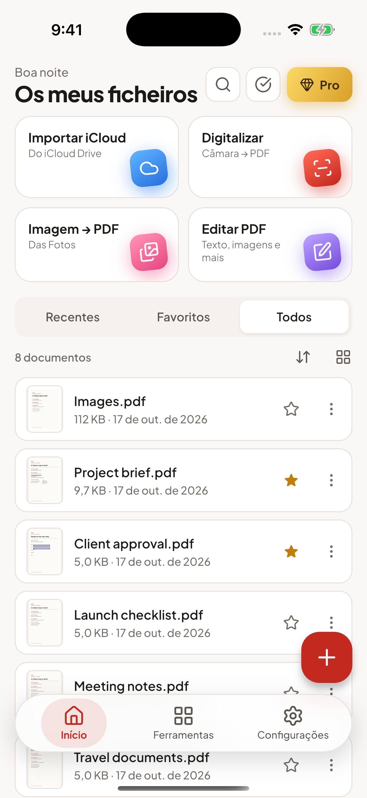 Biblioteca de ficheiros do PDF Expert com importação da nuvem, digitalização e ferramentas de documentos.